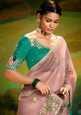 India Silk Pink Sarees Crafted From Delicate Tissue Organza Feature Beautiful Embroidery With Traditional Butti